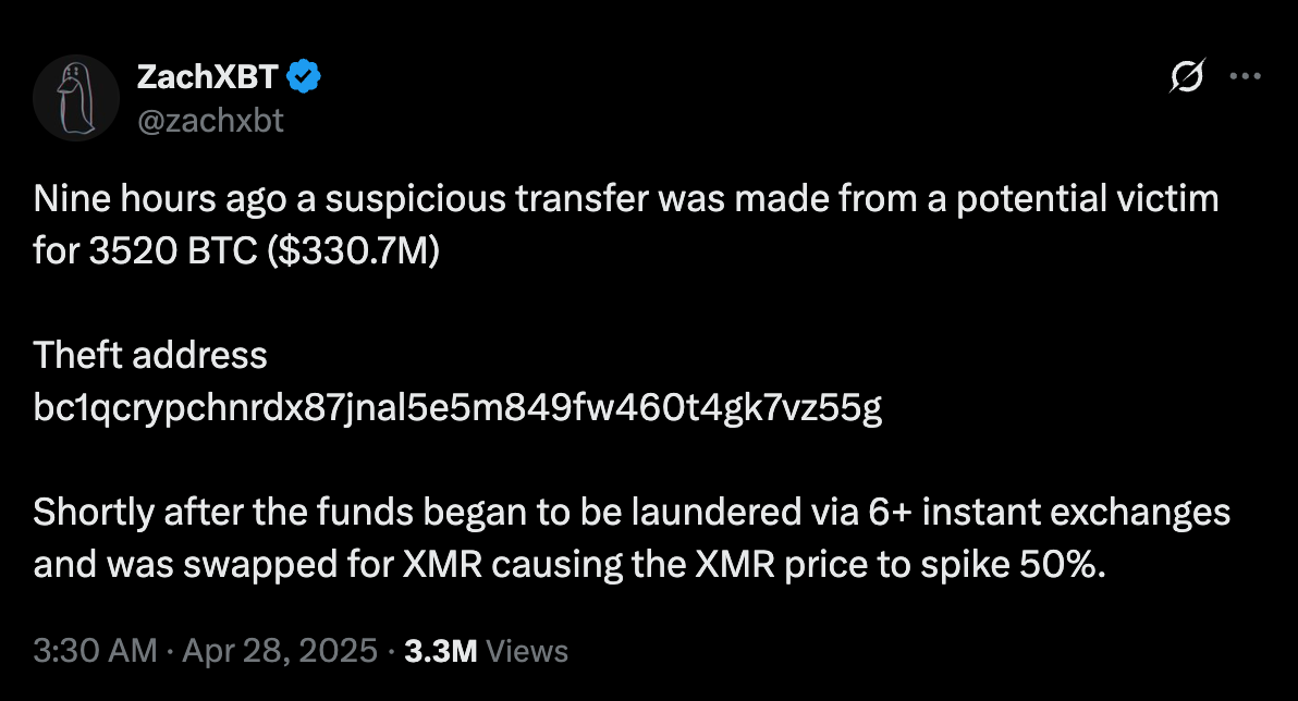The $330M Bitcoin Heist That Pumped Monero to 50%+